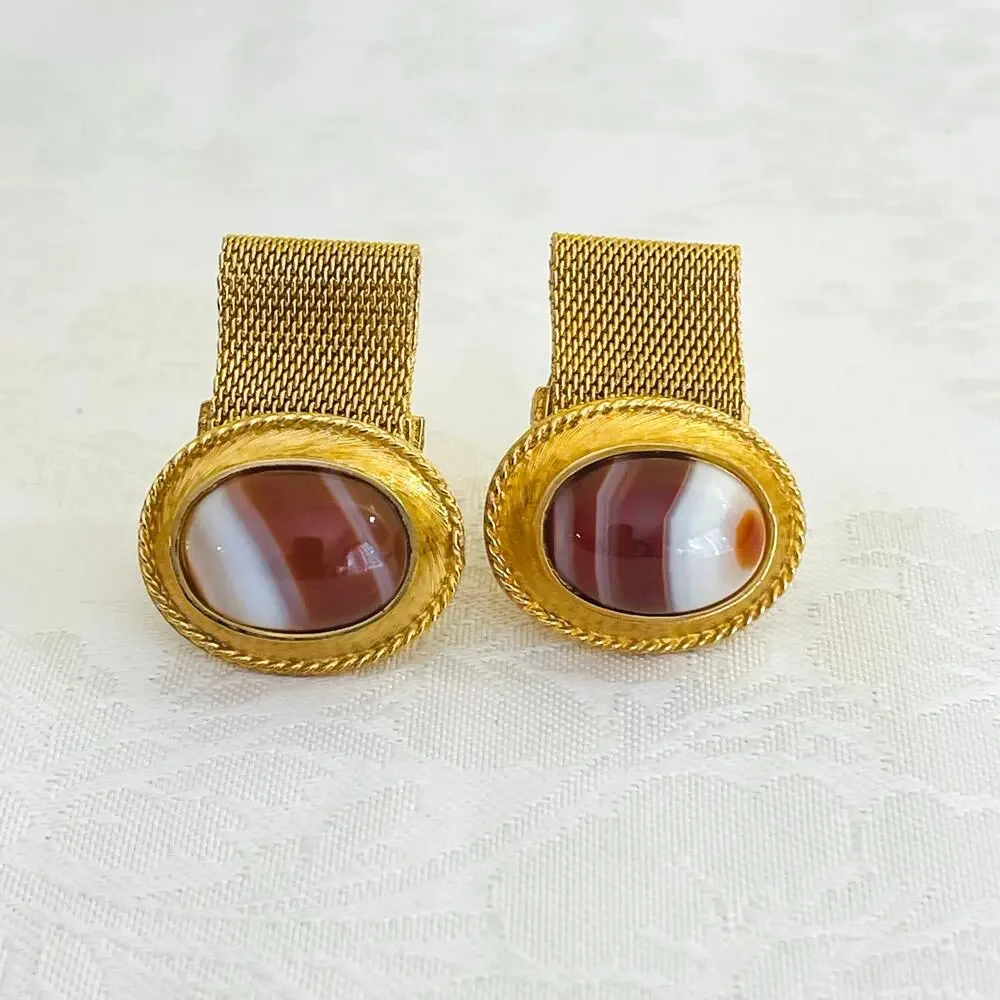 Cufflinks Vtg DANTE 70s Oval Banded Agate Cabochon Swag Mesh Gold Tone